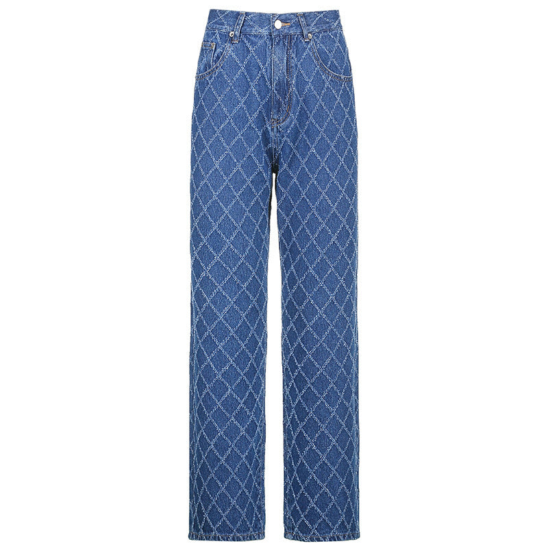 Rhombus Check Textured Straight Jeans