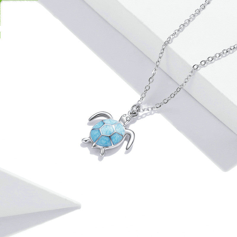 Silvery Blue Turtle 925 Silver Earrings Necklace Set Creative Cute Animal Turtle Jewelry