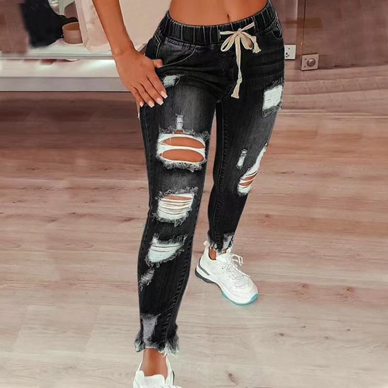 High Waist Ripped Elastic Waist Drawstring Jeans Women Trousers