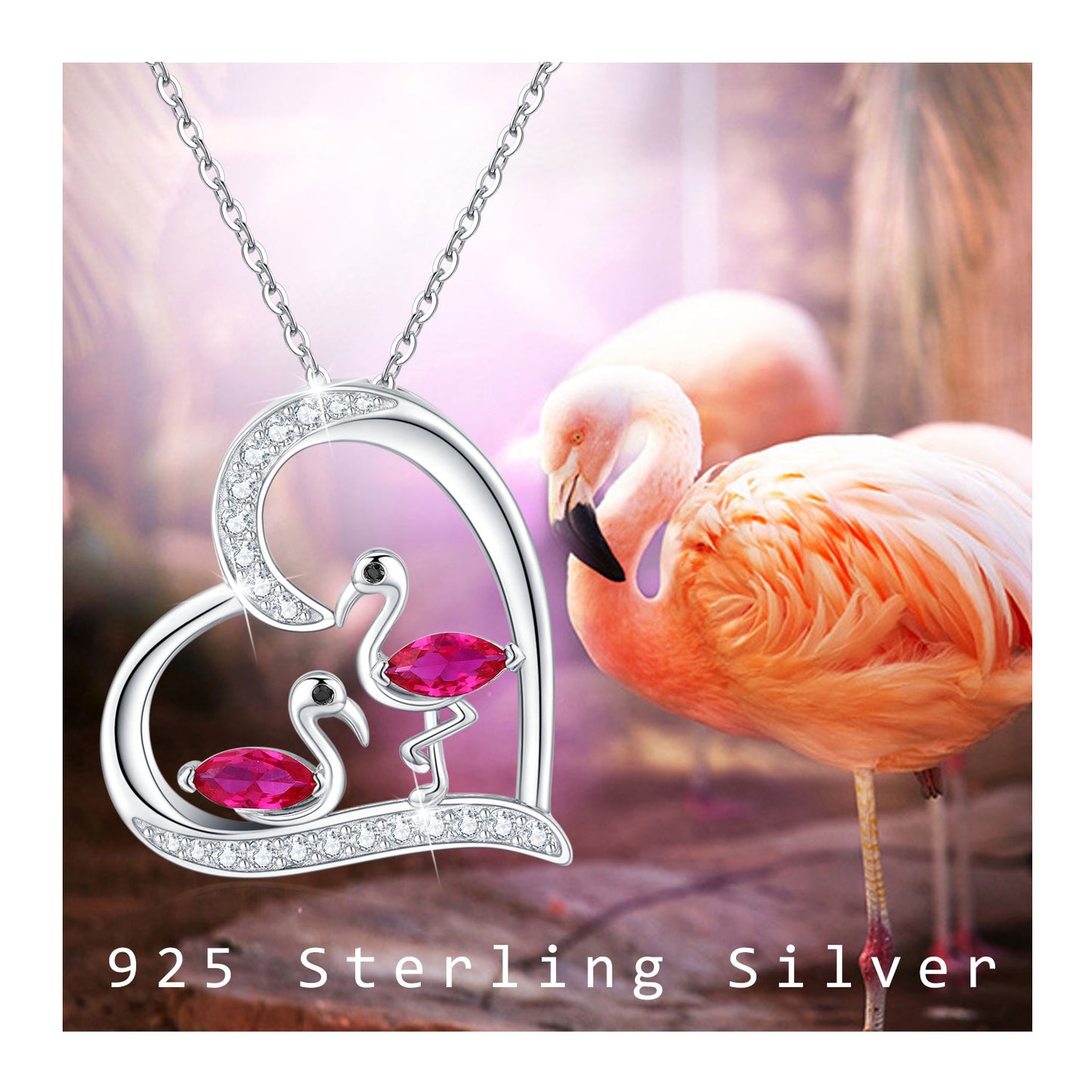 Sterling Silver Animal Heart Pendant Flamingo Bird Pendant Necklace