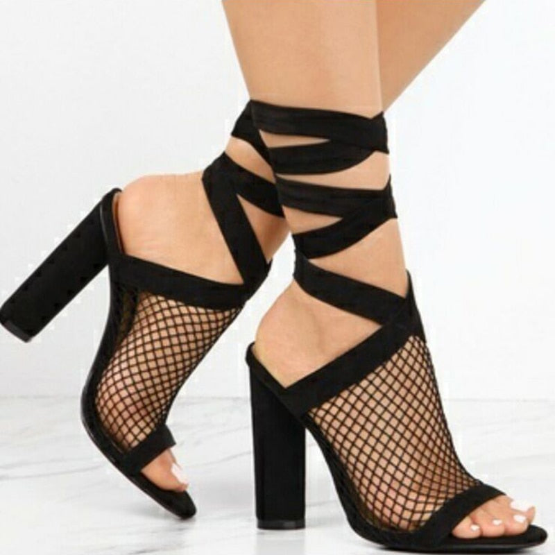 Women Sandals Bandage Flock Cross Strap Lace Up High Heels Sandal