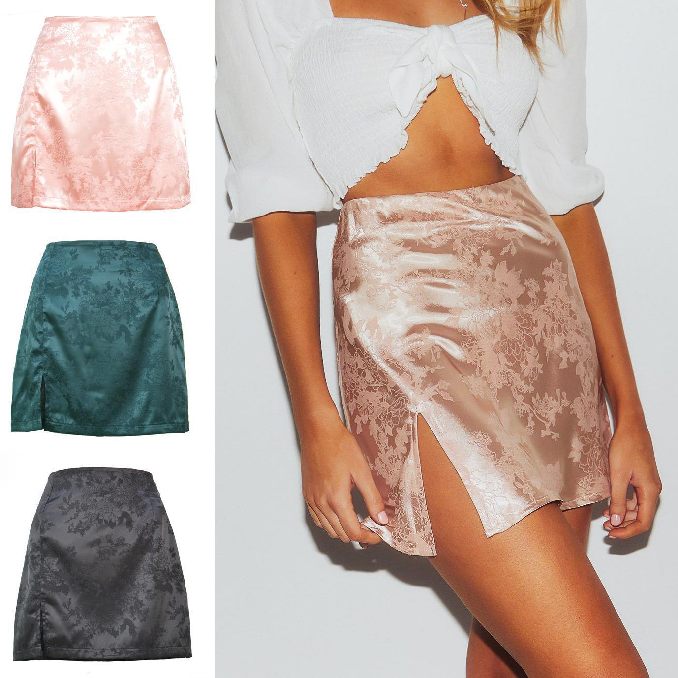 Satin high waist zipper slit skirt women