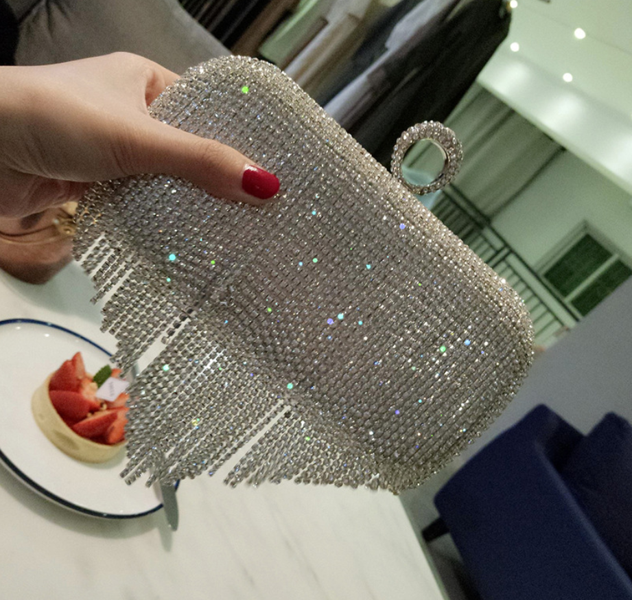 2021 new shiny diamond ladies fringed hand bag bag bag bag night party party bride Xiekua package